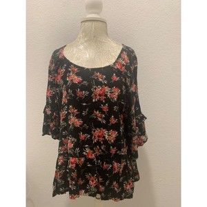 Eyeshadow Top Short Slv Scoop Round Neck Gathered Hemline Blk Floral XL